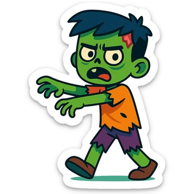 zombie boy, cartoonish, green skin, tattered clothes, expressive, spooky, vibrant toon style sticker