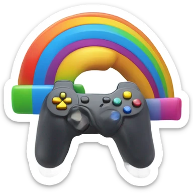 A rainbow sits on a joystick sticker