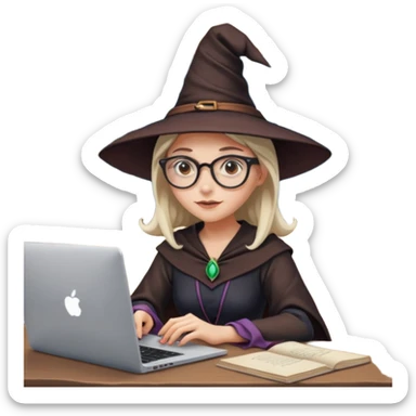 A female video editor wearing glasses, dressed like a witch with a pointed hat, sitting at a laptop editing a video, cinematic lighting, cozy creative studio, professional look, high quality, realistic sticker