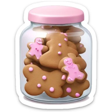 Realistic glass cookie jar with light pink lid full of gingerbread cookies isolated.  sticker