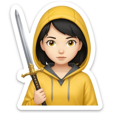 black haired girl holding sword and wearing yellow hoodie sticker