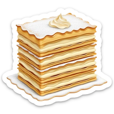 Cinematic delicate mille-feuille, thin crispy pastry layers filled with smooth vanilla cream, dusted with powdered sugar, elegant presentation, highly detailed and sophisticated. sticker