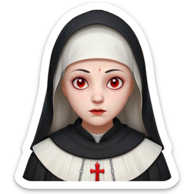 cursed village nun portrait, head and shoulders only, dark hood, mysterious expression, red accents, eerie glow, 3D cartoon, mobile game icon style, clean background, no text, no watermark

 sticker