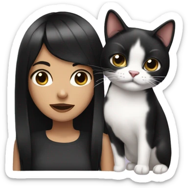 girl with straight black hair holding black and white cat with tongue out sticker