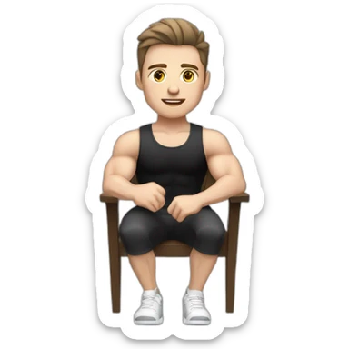 Pale skinned Fit Man With the biceps and dark brown hair in black shirt, gray sports shorts and white Sneakers Sitting on a chair sticker