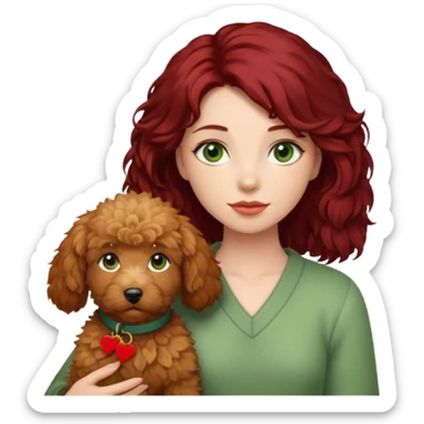 Girl with dark red hair green eyes holding a beige goldendoodle sticker