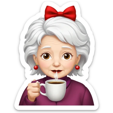 Old lady with crazy hair and christmas bow drinking coffee sticker