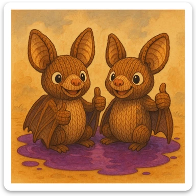 two knitted toy fruit bats giving a thumbs-up, sitting in a puddle of purple liquid, ghibli style sticker