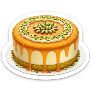 A small round emoji of traditional kanafeh with golden-orange crispy threads, a gooey white cheese center, and a light sprinkle of green pistachios. Warm and delicious-looking. sticker