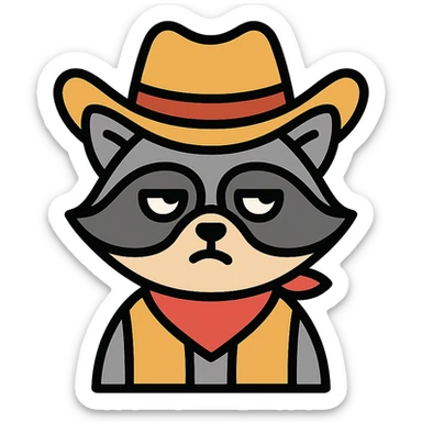 raccoon dressed as a cowboy, rolling his eyes, color outline icon sticker