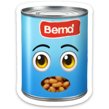 A can of baked beans next to a beach sticker