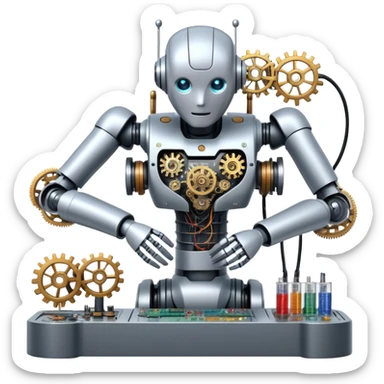 An icon featuring a humanoid robot assembling parts with robotic arms, surrounded by gears, circuit boards, and sensors, symbolizing robotics. The design includes a control panel and AI interface, representing automation, engineering, and innovation. Transparent background. sticker