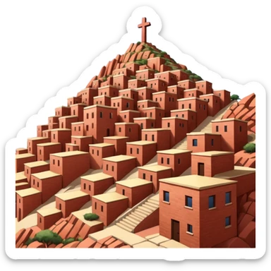 Urban Peruvian hillside neighborhood, brick houses stacked on steep hills of the desert, unfinished red brick buildings,, narrow stairways, electric cables crossing the sky, sunset lighting, realistic style, cinematic, high detail in the desert, cross monument at the top sticker
