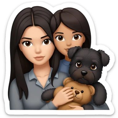 Kendall Jenner with long dark hair, holds a brown teddy bear and a black schnauzer sticker