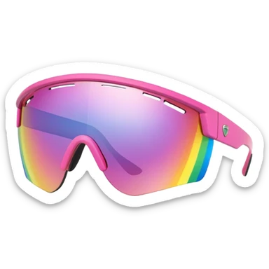 sporty pink shield visor sunglasses with extra thick frame with metallic accents, robust construction, substantial build, one-piece rainbow reflective lens sticker