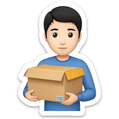 black haired asian man holding cardboard box sticker