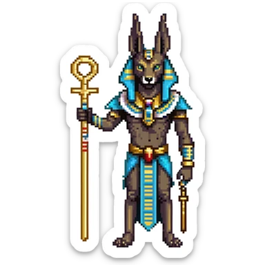 Egyptian god Anubis with black jackal head, gold collar, Egyptian headdress, holding ankh symbol sticker