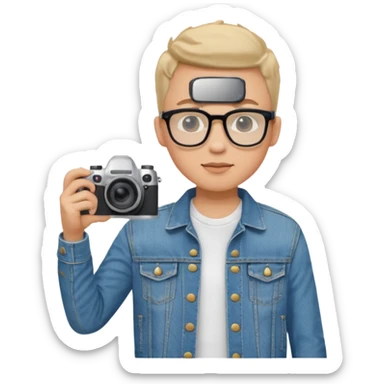 Young male, holding camera, jean jacket with white t-shirt inside, glasses


 sticker