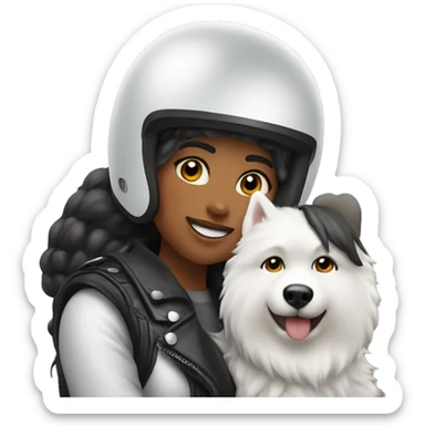 Biker girl with a helmet in her face hugging a Samoyed sticker
