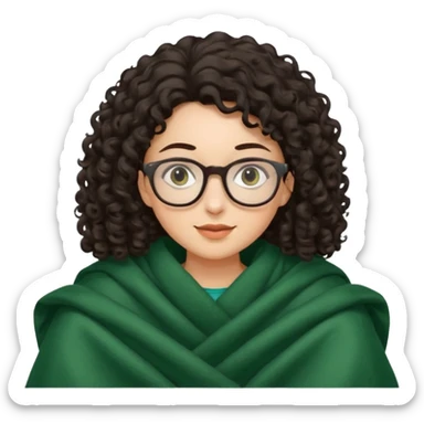 Dark curly hair lady with glasses inside a dark green blanket sticker