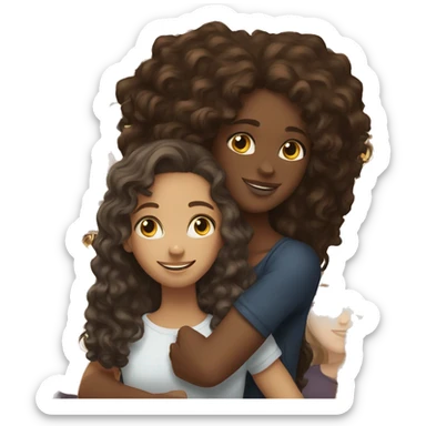 black girl with long curly hair hugging white girl with long brown hair sticker