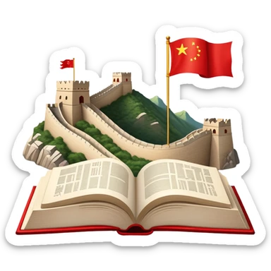 An icon featuring the Great Wall of China and the big flag of China, symbolizing the Chinese language. The design includes an open book with Chinese characters, representing language learning. Transparent background highlights the depth of Chinese heritage. sticker
