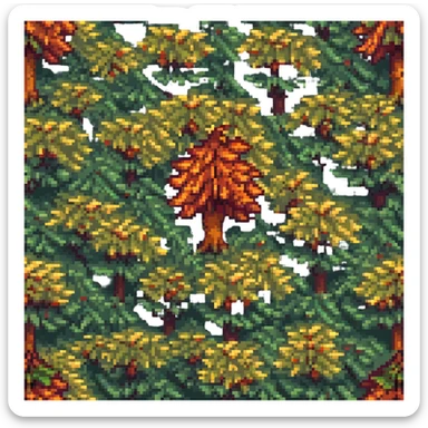 pixel art emoji of a vibrant maple tree with orange and red leaves on a lush green hill under a clear blue sky sticker