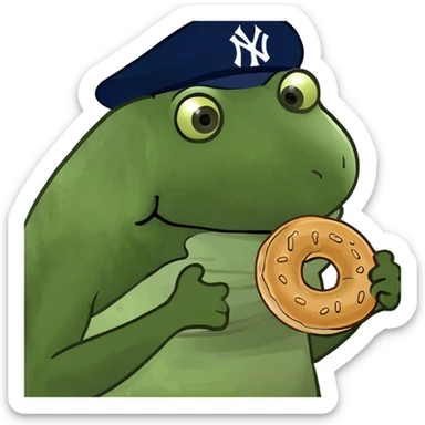 wearing a yankees hat, holding a bagel sticker