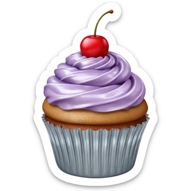 cupcake with silver frosting and a cherry on top sticker