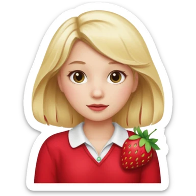 A girl with a blonde hair wearing a strawberry clip and wearing a cute red outfit sticker