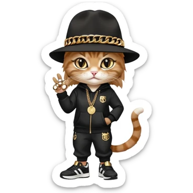 female cat dressed like Run DMC with tracksuit, fedora, Adidas shoes, lots of gold chains, rings, bracelets, earrings, eyes averted, talking to a friend, no sunglasses sticker