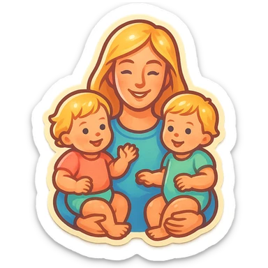 mother with long light hair holding one-year-old twin girls with short light hair, all in pastel outfits, retro stickers style, different compositions sticker
