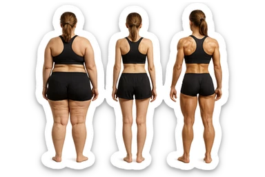 fai una donna di spalle in gym shorts leggermente sovrappeso e con cellulite e accanto una seconda donna di spalle magra (che è dimagrita post dieta) e accanto una terza donna in forma allenata e con le giuste proporzioni, l'immagine deve rappresentare il processo: da donna grassa, a donna piatta e magra, a donna allenata e in forma con i giusti muscoli, iperrealistico 4k sticker