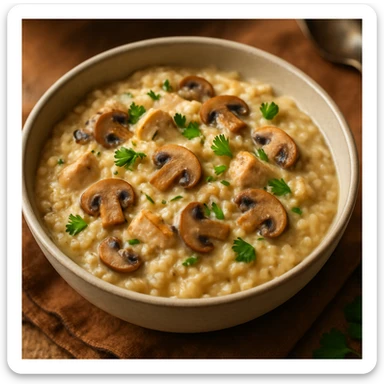 a bowl of creamy chicken mushroom risotto, garnished with parsley, in a cozy, appetizing style sticker