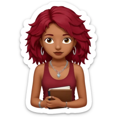 a pretty tan indian bratz girl with messy dark wavyred hair, wearing a dark red tank top, layered silver necklaces. Carrying multiple sketchbooks and pens sticker