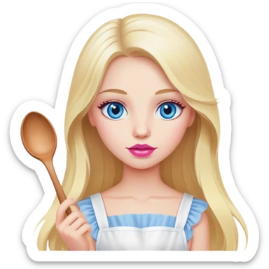 Cinematic realistic beautiful blonde with long hair, blue eyes and pink lips in a white dress cooks sticker