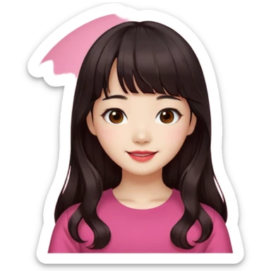 Korean girl, red top, black brown hair, brown eyes, long wavy hair, aesthetic, long hair, hime cut, blunt bangs, pink lip sticker