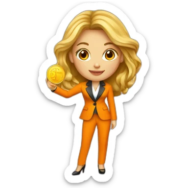 Posh-woman-with-orange-suit-holding-golden-coins sticker