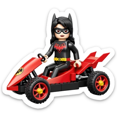 Hot full size real size-appearance electric racing action Lego BatWoman’s feminine midnight-colored tight outfit sixty’s tv show 1992 dark stealthy sporty safe plush petite off-road pursuit cruiser car rose gold accents (black hair,reclined and relaxed torso and shoulders seating position) go kart  sticker