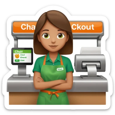 Eine Person wartet an einer Supermarktkasse. Die Kasse ist beschriftet als "Plauderkasse" und im grünen Design. sticker