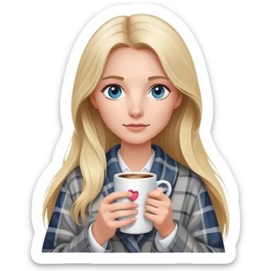girl
blue eyes
long blond hair
wearing grey plaid housecoat
holding a white mug of coffee
wearing rose gold apple watch  sticker
