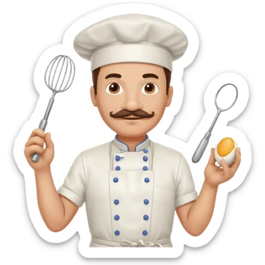 Middle aged male pastry chef - with a mustache, apron, white hat, and holding an egg beater in one hand sticker