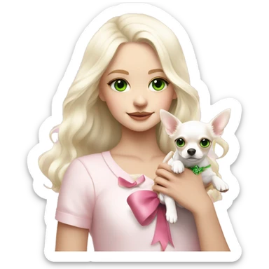 pale blond yt girl with wavy long platinum white hair with bright green eyes holding a white chihuahua puppy that wearing a pink bow sticker