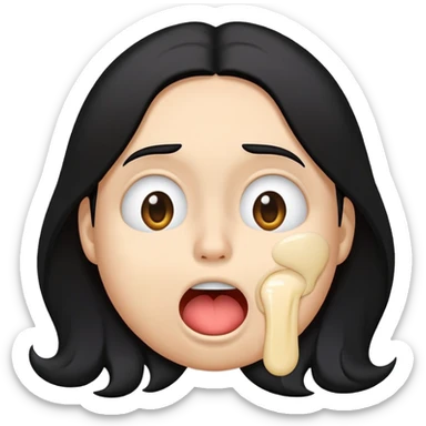 simple emoji, surprised disgusted face, classic, circular, genderless, emoji, 😮, long black hair, goopy white liquid on cheeks, goopy white cream on lips, goopy white cream on tongue, tongue out, eyes shut, >_< face, 😝, 😫 sticker