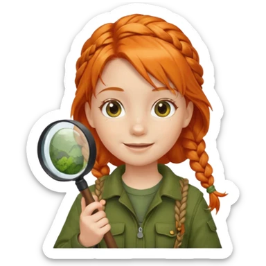 braid orange haired girl kid in moss green explorer outfit, holding magnifying glass, smile sticker