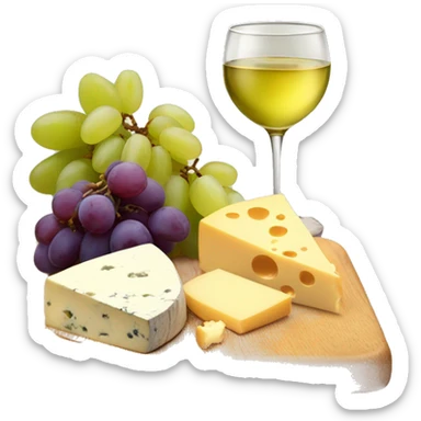 Wooden board with different kind of cheese, grapes and a glass of white wine sticker