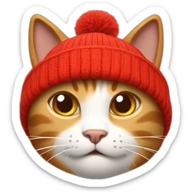 The cat in the beanie hat is red, the hat is on one side of the cat's head, the second ear is open and it is light brown, and the cat itself is white sticker