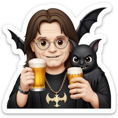 Ozzy Osbourne drinking a beer with a bat sticker