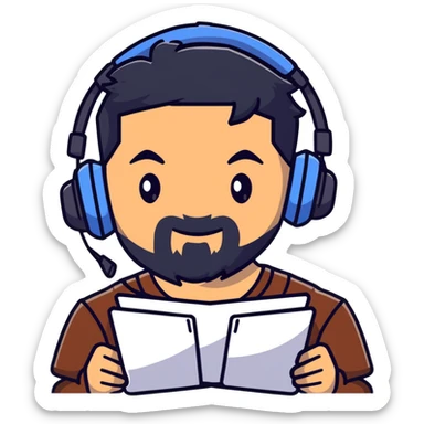 Serious male gamer with black hair, brown eyes, black beard, gaming headset sticker