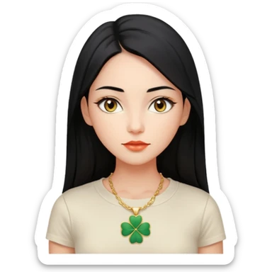 calm woman with long straight black hair parted in the middle, light glowing skin, almond eyes, full coral lips, white fitted t-shirt, gold four-leaf clover necklace, neutral expression, looking at viewer sticker